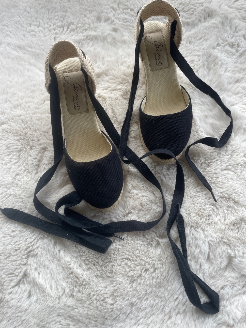 Black Canvas Lace-up Wedge Espadrilles by Gaimo,